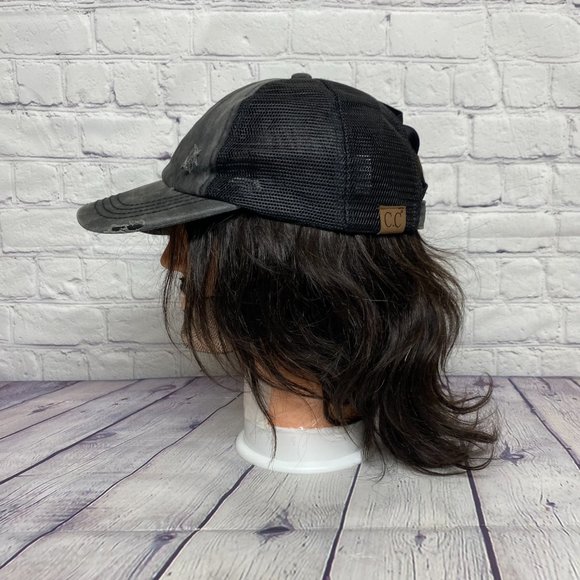 Pony Tail Women Hat Cap Strap Back Gray Distressed Mesh Back C.C. Ladies - Picture 4 of 9